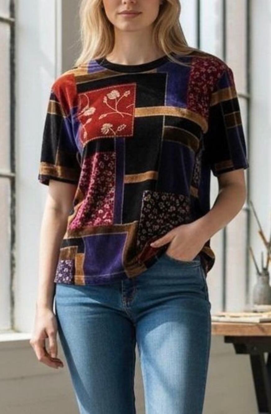 Vintage Blair Velvet Geometric Patchwork Floral Tunic Top Retro Artsy Size Large